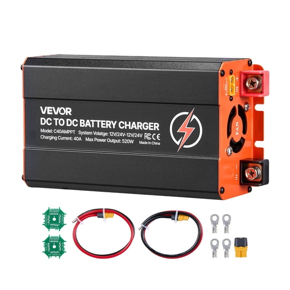 VEVOR DC to DC Charger with MPPT, 520W, 40A On-Board Battery Charger, Solar Panel/Alternator Dual Input, Smart Multi-Stage Charging for LiFePO4 Lead-Acid Batteries, 12V/24V-12V/24V, for RV