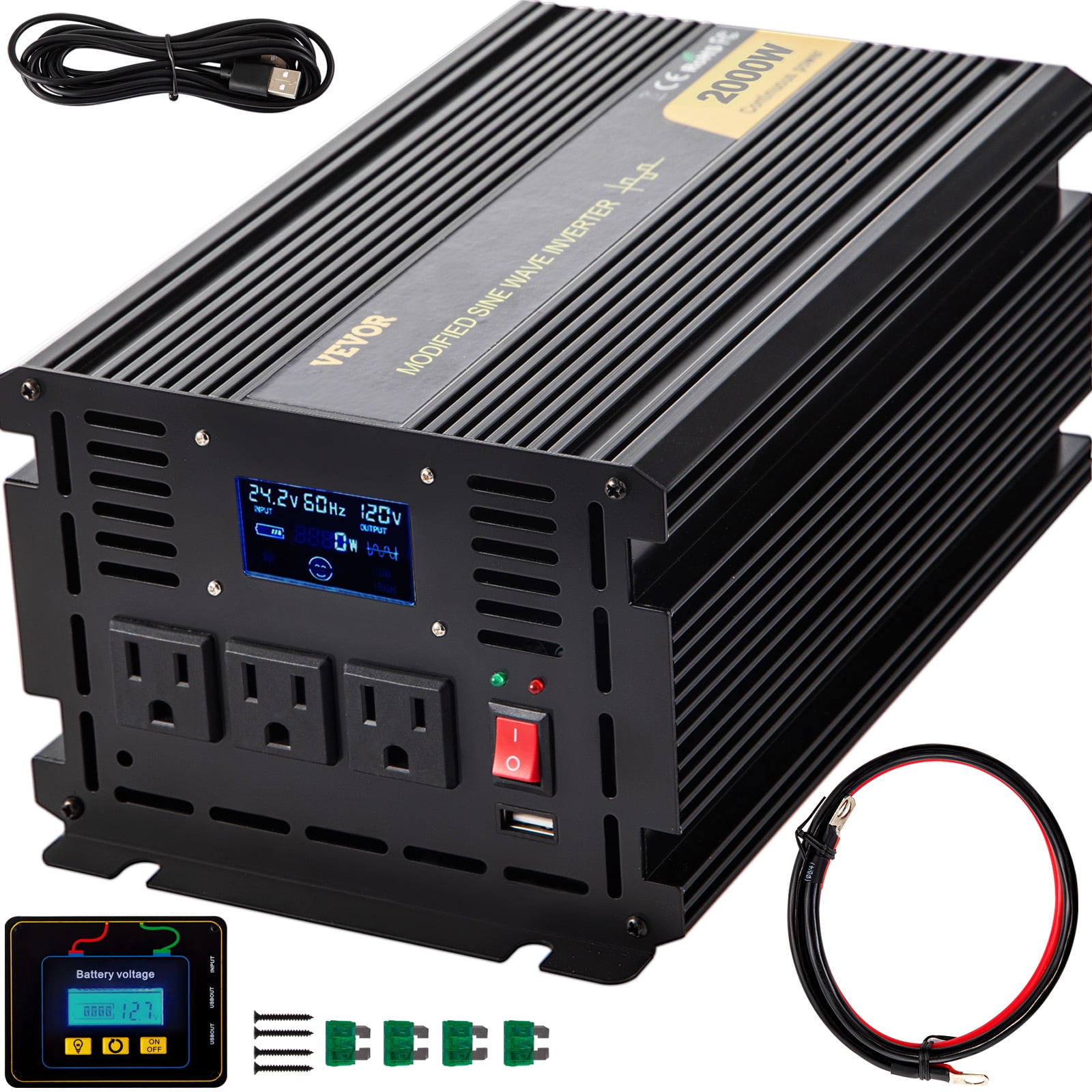 VEVOR DC24V to AC120V 2000W Continuous 4000W Surge Power Inverter LCD Display