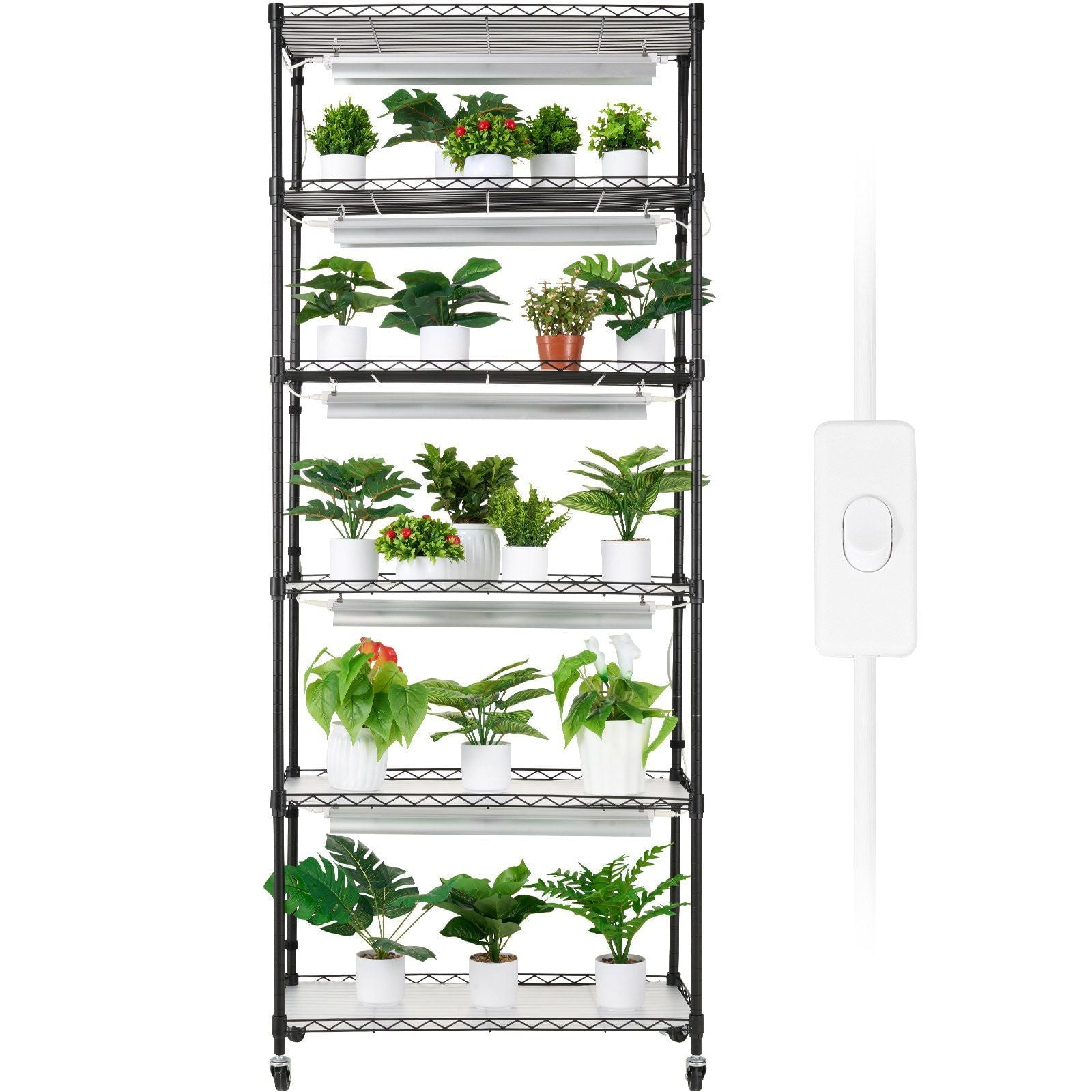 Black Metal 6-Tier Plant Stand with Grow Lights and Wheels