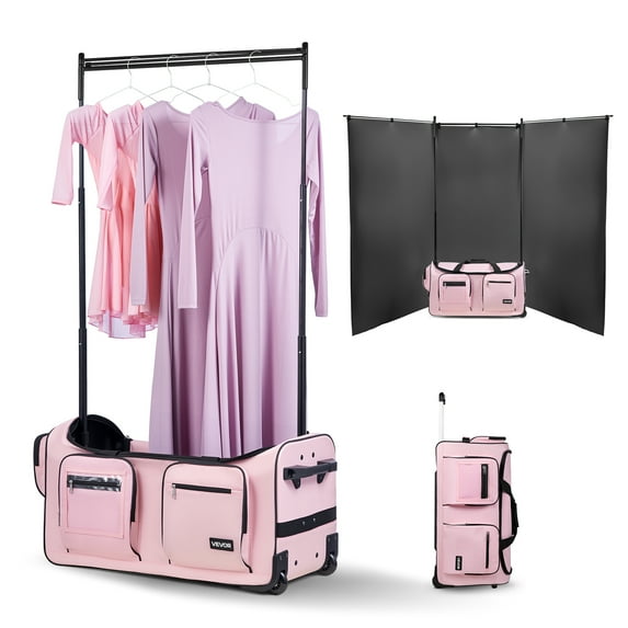 VEVOR Dance Bag with Garment Rack, 29 Inch Rolling Dance Duffel, with Wheels, USB Port, Height Adjustable Clothes Rack, Privacy Protection Curtain, Ideal for Travel and Competitions, Matte Pink