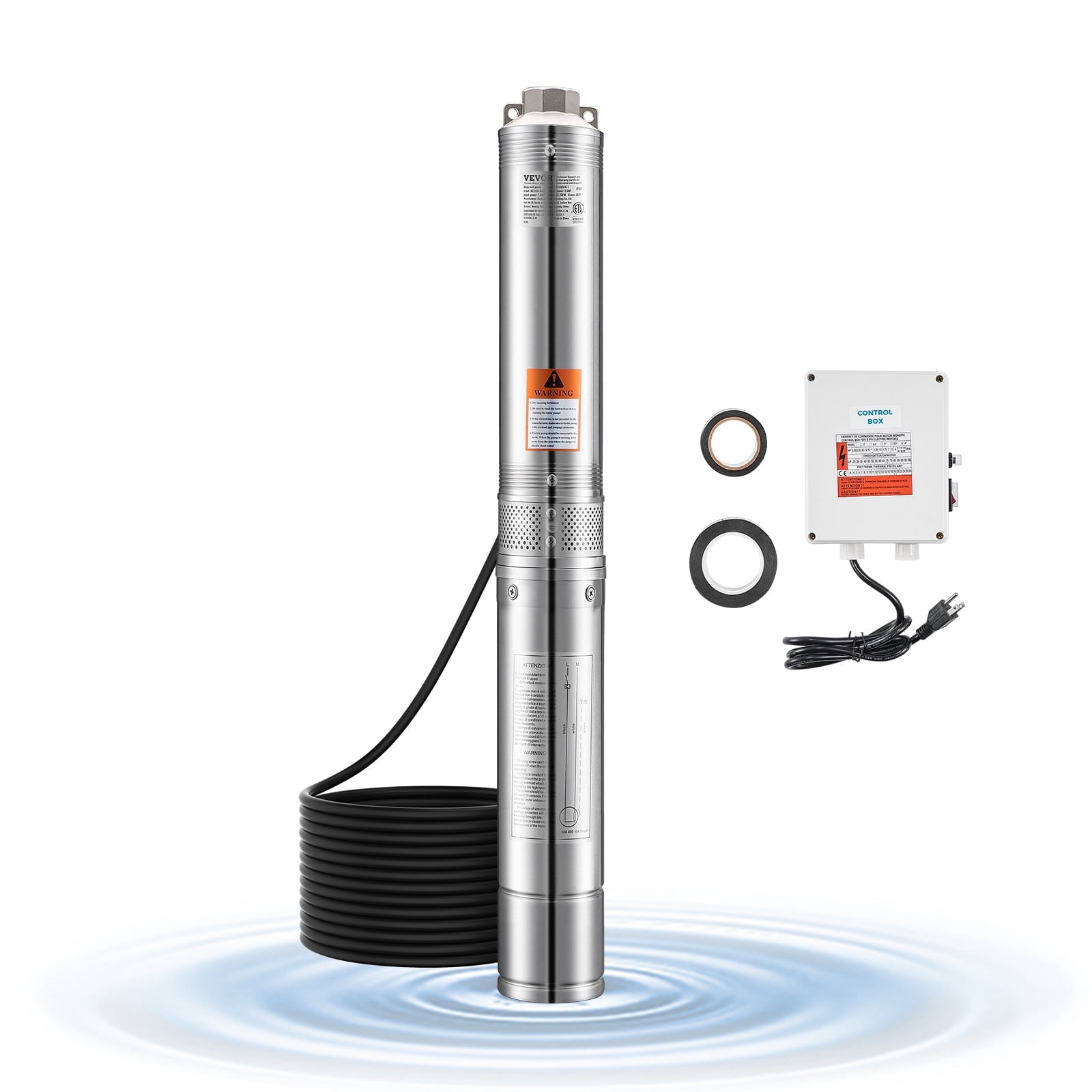 VEVOR Deep Well Submersible Pump,1 HP Output Power, 115V, 31.7 GPM Flow 207 ft Head, with 32.81 ft Cord External Control Box, Stainless Steel Water Pump, for Industrial Irrigation and Home Use, IP68
