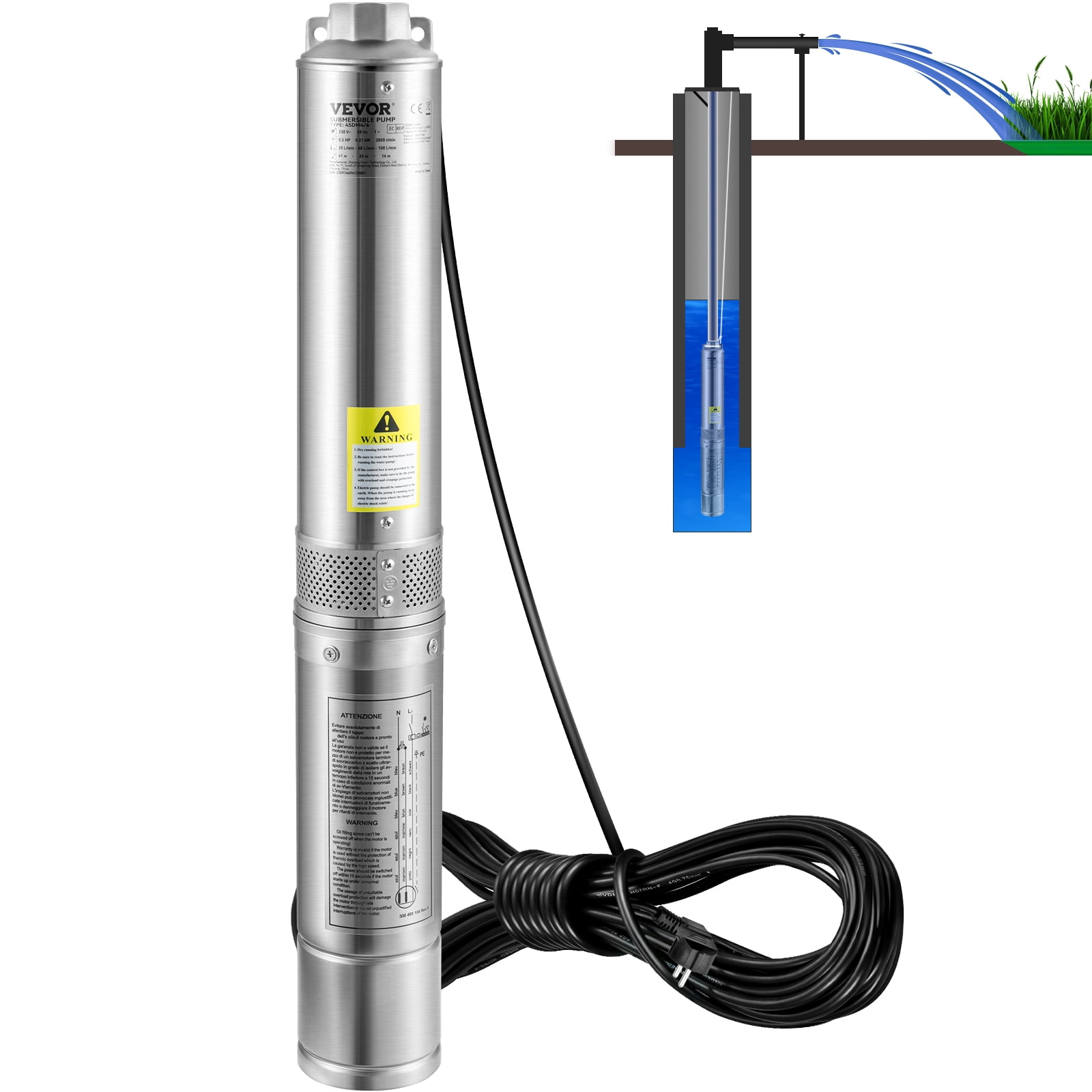 VEVOR Deep Well Submersible Pump, 2HP/1500W 230V/60Hz, 37GPM Flow 427 ft  Head, with 33 ft Electric Cord, inch Stainless Steel Water Pumps for  Industrial, Irrigation  Home Use, IP68 Waterproof Grade