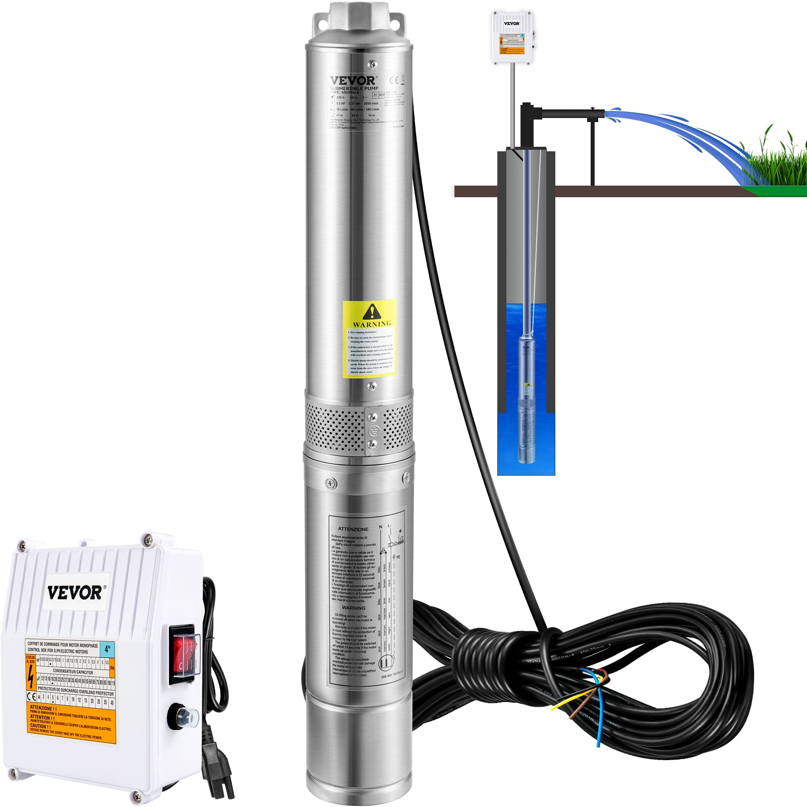 VEVOR Deep Well Submersible Pump, 2HP 230V/60Hz, 37GPM 427 ft Head, with 33  ft Cord  External Control Box, inch Stainless Steel Water Pumps for  Industrial, Irrigation and Home Use, IP68