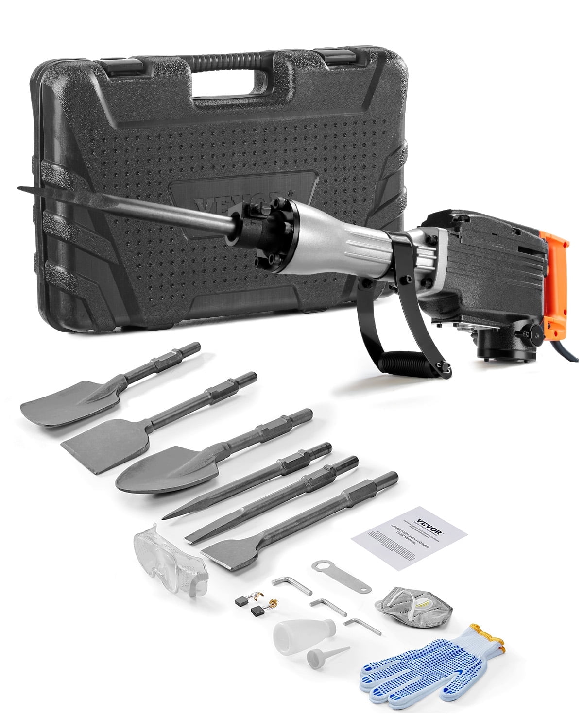 VEVOR Demolition Jack Hammer, 1350 BPM Concrete Breaker 6pcs Chisels Bit Chipping with Case, 2200W Electric Jackhammer Heavy Duty, Black