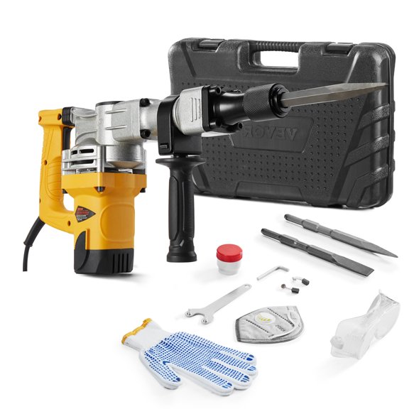 VEVOR Demolition Jack Hammer, 1400W Electric Jackhammer Heavy Duty, 2900 BPM Jack Hammer Concrete Breaker, with 1 Point Chisel, 1 Flat Chisel, Storage Case, Gloves and Goggles, for Demolition