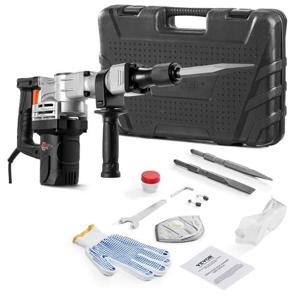 VEVOR Demolition Jack Hammer, 1400W Electric Jackhammer Heavy Duty, 2pcs Chisels Bits Chipping with Case, 2900 BPM Concrete Breaker, Gloves Black