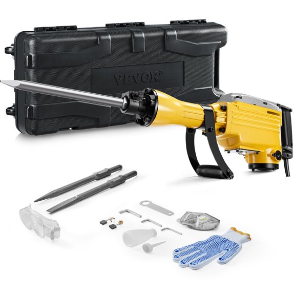 VEVOR Demolition Jack Hammer, 2200W Electric Jackhammer Heavy Duty, 1350 BPM Jack Hammer Concrete Breaker, with 1 Point Chisel, 1 Flat Chisel, Storage Case, Gloves and Goggles, for Demolition