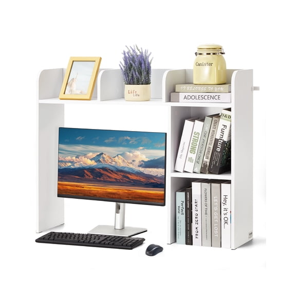 VEVOR Desktop Bookshelf, 2-Tier Desktop Storage Organizer, 37.2" x 9.5" x 28.9" Office Storage Rack Wood Display Shelf, Desktop Bookshelf Hutch with Anti-Slip Feet Pads,for Office,Home & Dorm,White