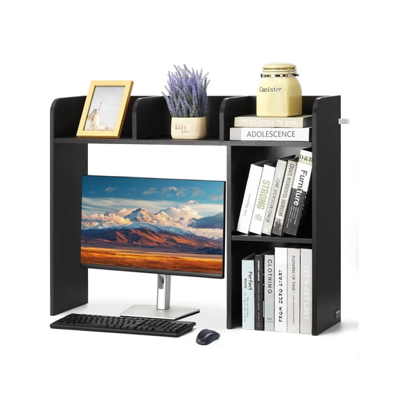 VEVOR Desktop Bookshelf, 2-Tier Desktop Storage Organizer, 37.2" x 9.5" x 28.9" Office Storage Rack Wood Display Shelf, Desktop Bookshelf Hutch with Anti-Slip Feet Pads, for Home & Dorm, Black