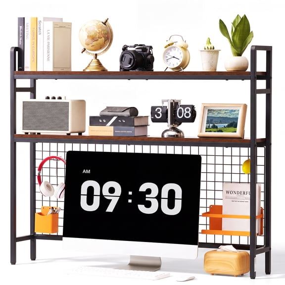 VEVOR Desktop Bookshelf 3-Tier Countertop Storage Hutch with Grid Black, for Computer Desk, Metal Frame and Wooden Shelf, with Non-Slip Feet Pads, Desk Hutch Storage Organizer for Dorm, Home, Office
