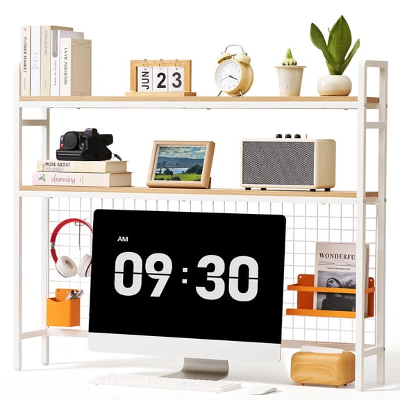 VEVOR Desktop Bookshelf 3-Tier Countertop Storage Hutch with Grid White, for Computer Desk, Metal Frame and Wooden Shelf, with Non-Slip Feet Pads, Desk Hutch Storage Organizer for Dorm, Home, Office