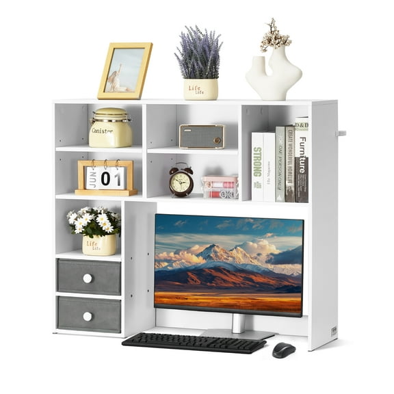 VEVOR Desktop Bookshelf, 3-Tier Desktop Storage Organizer, 37" x 10" x 31.1" Office Storage Rack Wood Display Shelf, Desktop Bookshelf Hutch with Two Fabric Drawers, for Office, Home & Dorm, White