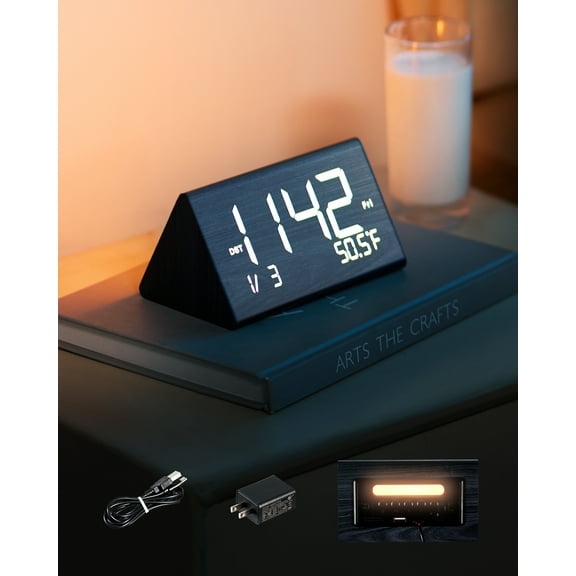 VEVOR Digital Alarm Clock, Wooden Desk Clock with Dual Alarm, USB Port, Snooze, Night Light, Voice Control, Adjustable Volume, Bedside Desktop Clock with Charger for Bedroom, Kitchen, Office, Black