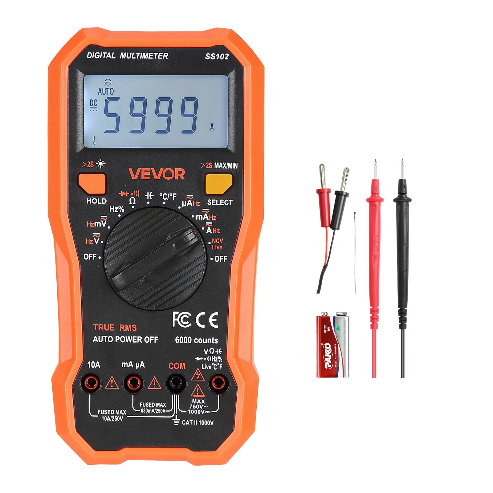 VEVOR Digital Multimeter,6000-Count TRMS DC/AC Voltmeter Current Tester,Professional NCV Multimeter for Current Voltage Resistance Capacitance Duty-Cycle Tempetature Diodes Continuity Live Wire Test