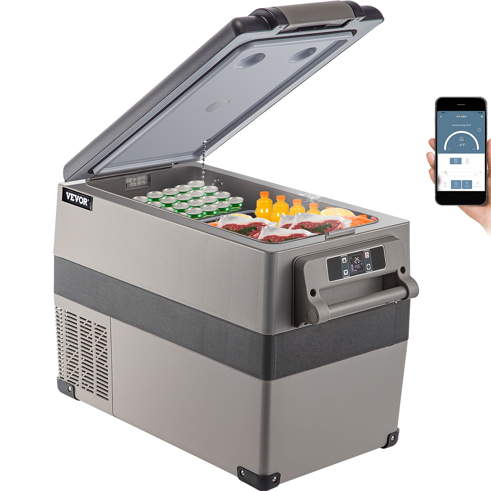 VEVOR 12 Volt Refrigerator, 48 Quart (45L) Fast Cooling Portable Freezer with App Control (-4℉~68℉), Car Fridge with 12/24v DC & 110-240v AC for Travel, Truck, Camping and Home Use, Gray