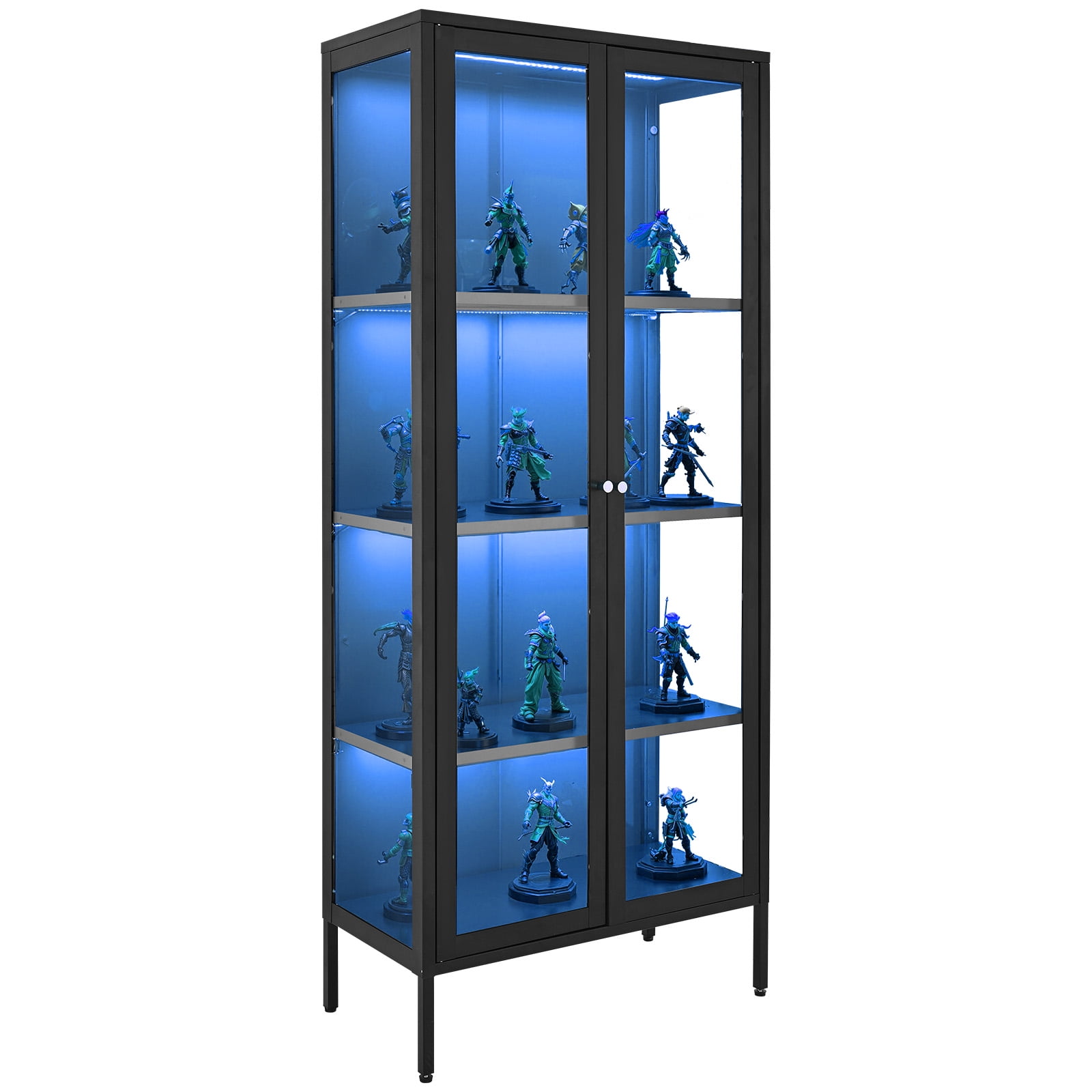 VEVOR Display Cabinet with Glass Door, 66 in Tall 4-Tier Lighted Display Case with 3 Color Lights, Metal Storage Cabinet with 3 Adjustable Shelves, Curio Cabinet for Collectibles Figures Trophy