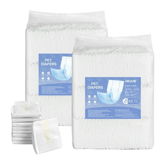 VEVOR Disposable Male Dog Diapers, Super Absorbent Male Dog Wraps, 360 Leak-Proof Belly Bands with Wetness Indicator for Doggies in Heat, Training, Incontinence - XS, 144 Count (2 Packs of 72)
