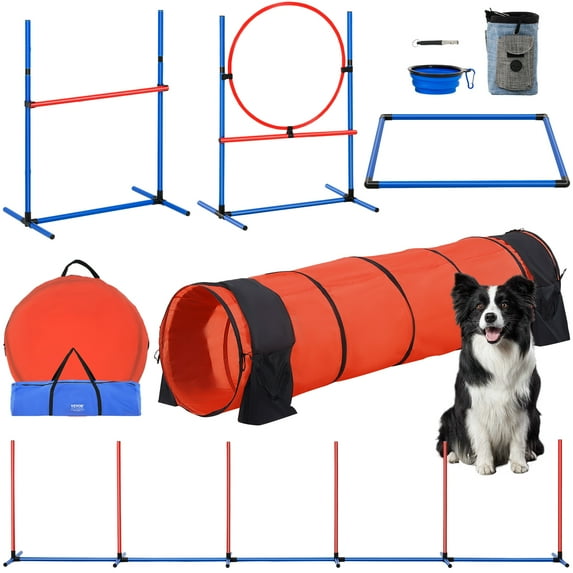VEVOR Dog Agility Training Equipment, 5 PCS Set Upgrade with Adjustable High Hurdles,6 Weave Poles,Extended Tunnel,Jump Ring,Pause Box,Whistle,Foldable Bowl,Puppy Obstacle Course Kit