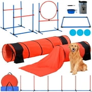 VEVOR Dog Agility Training Equipment, 7 PCS Set Upgrade w/ Adjustable High Hurdles,6 Weave Poles,2 Tunnels,Jump Ring,Pause Box,Whistle,Foldable Bowl,Puppy Obstacle Course Kit w/ 3 Bags