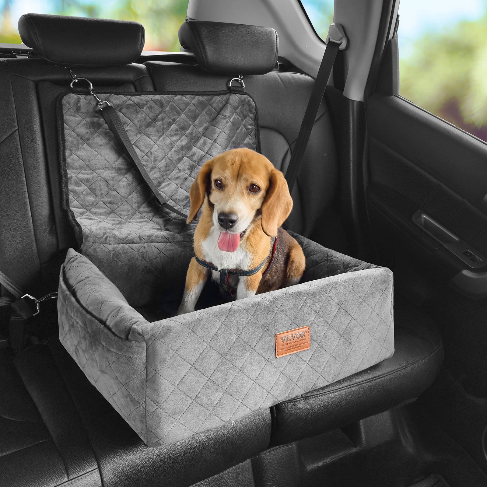 VEVOR Dog Car Seat, Dog Booster Seat for Car with A Storage Pocket, Clip-On Safety Leash, Sponge and PP Cotton Filling, Dog Car Bed for Small & Medium Dog up to 40lbs, Gray