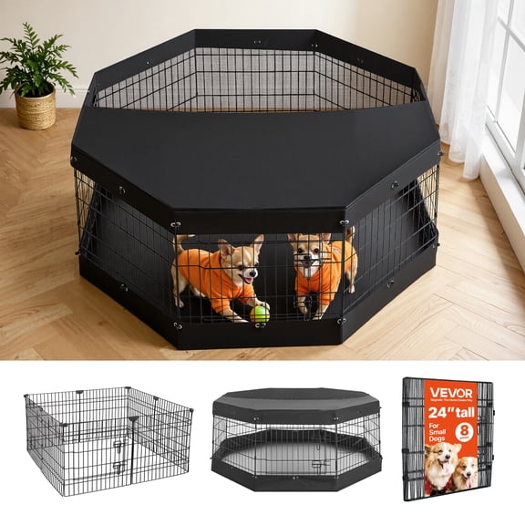 VEVOR Dog Playpen 24 Inch 8 Panels Exercise Pen with Top Cover & Bottom Pad, Indoor Foldable Metal Pet Fence with Door, Heavy Duty Puppy Crate Kennel Pen for Dogs, Cats, and Other Small Animals,Black