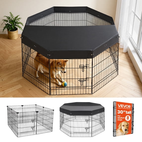 VEVOR Dog Playpen 30 Inch 8 Panels Foldable Exercise Pen with Top Cover, Indoor Metal Pet Fence with Door, Heavy Duty Puppy Crate Kennel, Pet Playpen for Dogs, Cats, and Other Small Animals, Black