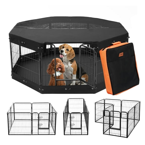 VEVOR Dog Playpen, 8 Pcs 24 x 24 in Panels Foldable Metal Pet Exercise Pen, Dog Fence Indoor and Outdoor Pen with Door, Storage Bag, Top Cover and Bottom Pad, for Dogs, Cats and Other Small Animals