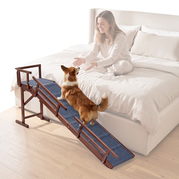 VEVOR Dog Ramp for Bed Couch 74" Long Wooden Pet Ramp with 22 Gentle Slope, for Small & Senior Dogs to Get on Sofa, Up to 200 lbs Load, Designed with Side Rails, Non-Slip Felt Surface & Top Platform