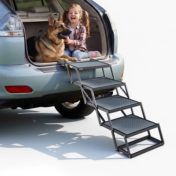 VEVOR Dog Stairs for Car, 4 Steps Extra Wide Foldable Dog Ramp for Large Dogs with Non-Slip Surface, Portable Lightweight Pet Stairs Ladder for Car, SUV, Truck, High Bed, Sofa, Support up to 400 lbs