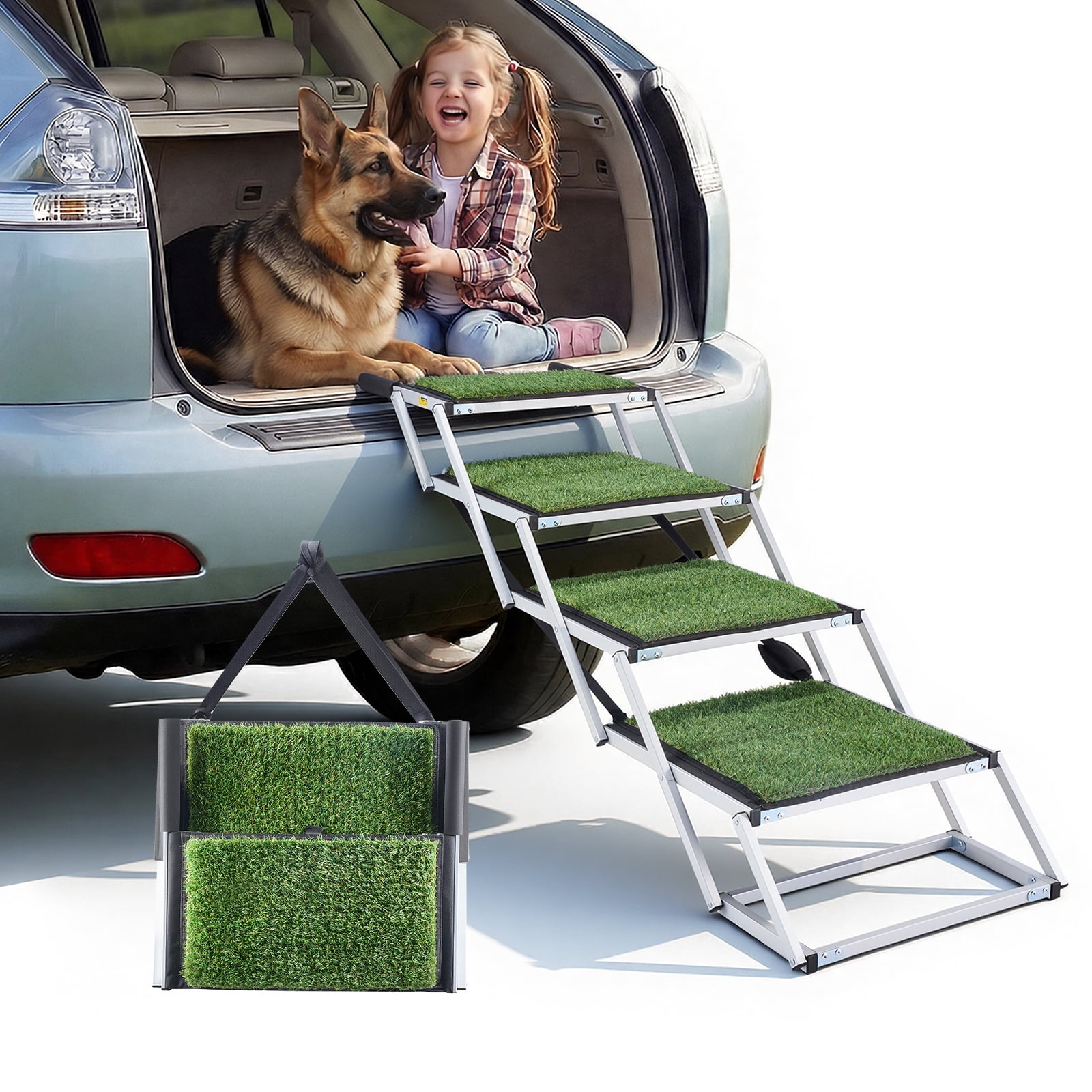 VEVOR Dog Stairs for Car, 4 Steps Extra Wide Foldable Dog Ramp for ...