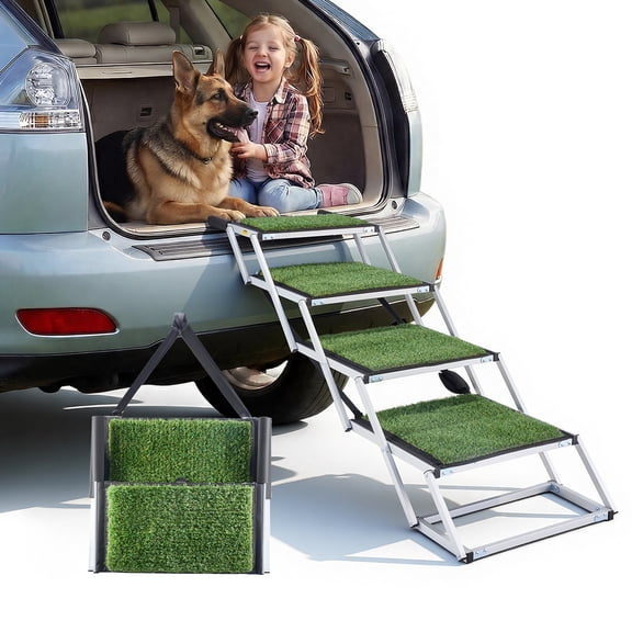 VEVOR Dog Stairs for Car, 4 Steps Extra Wide Foldable Dog Ramp for Large Dogs with Non-Slip Surface, Portable Lightweight Pet Stairs Ladder for Car, SUV, Truck, High Bed, Sofa, Support up to 200 lbs