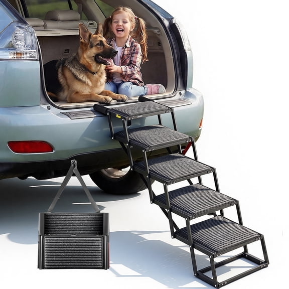 VEVOR Dog Stairs for Car, 5 Steps Extra Wide Foldable Dog Ramp for Large Dogs with Non-Slip Rug Surface, Portable Lightweight Pet Ladder for Car, SUV, Truck, High Beds, Sofas, Support up to 200 lbs