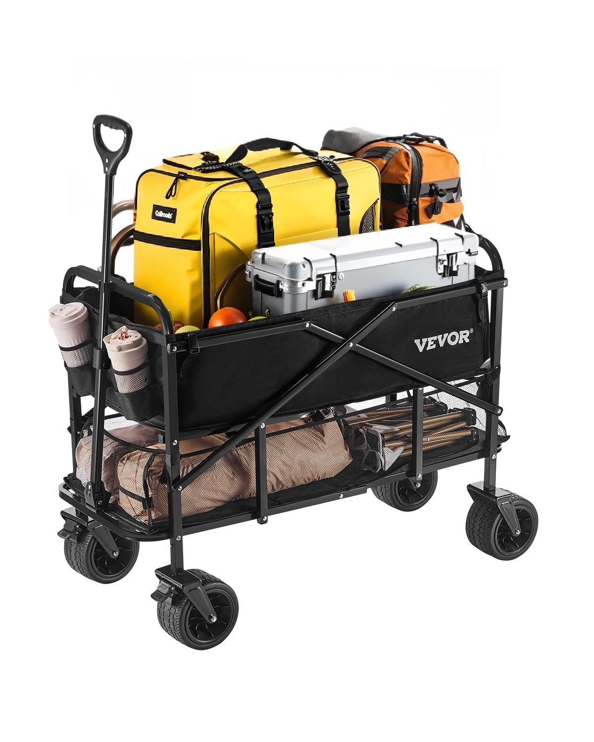 VEVOR Double Decker Wagon Collapsible, 400L Heavy Duty Folding Wagon Cart, Extended Long Garden Cart with All-Terrain Wheels, Support Up to 450lbs, Outdoor Utility Wagon for Camping, Sports