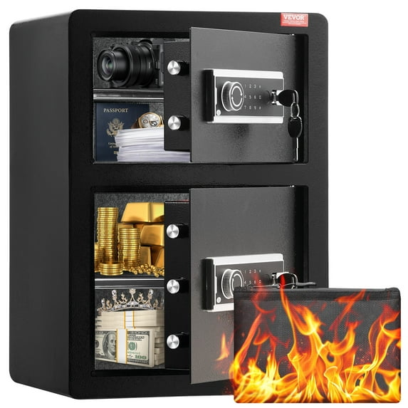 VEVOR Double Doors 3.5 cu.ft Safe Box with Key Lock & Password,Safe Lock Box with Fireproof Bag,Key Rack,LED Light and 2 Height Adjustable and Removable Divider for Money,Jewelry and Valuables,Black