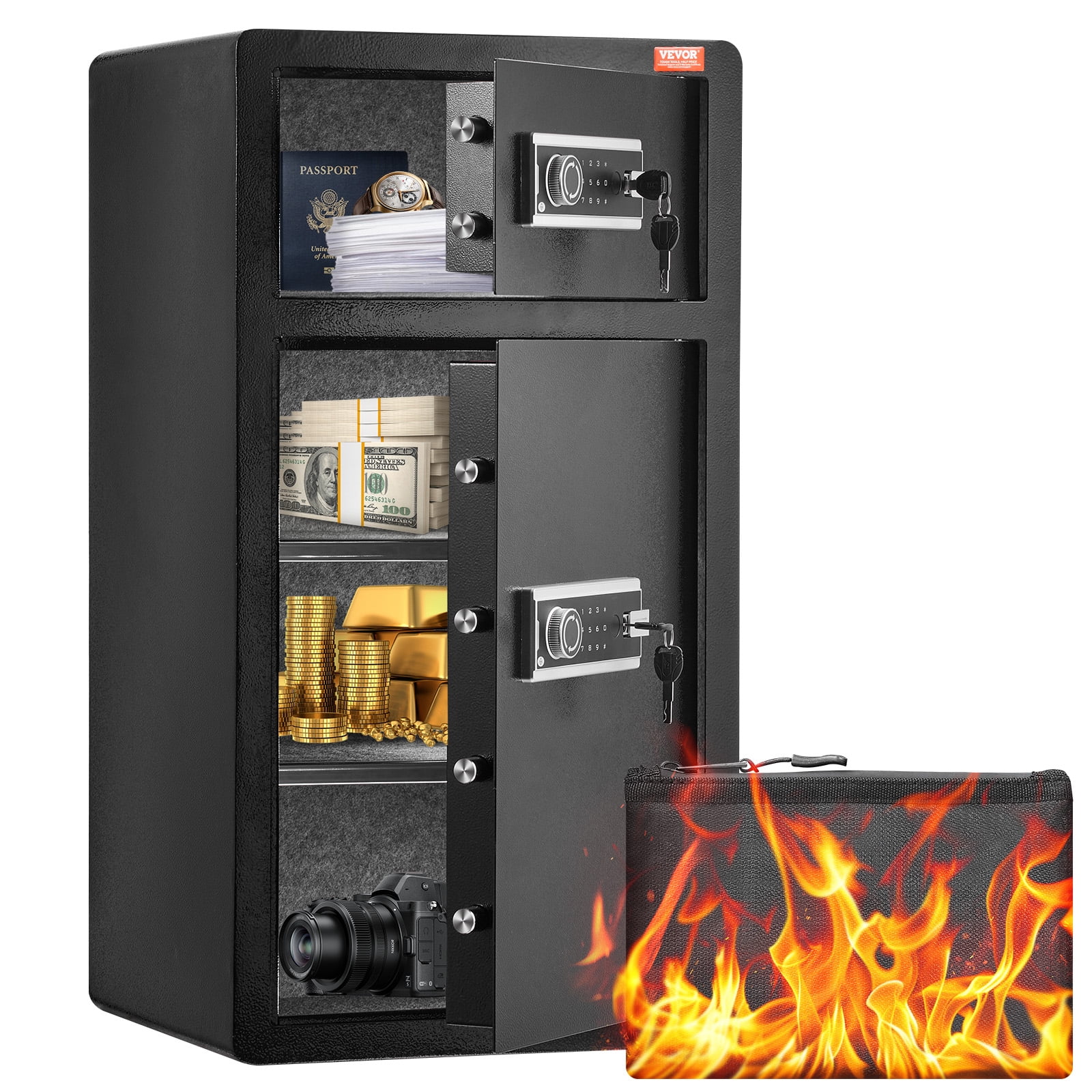 VEVOR Double Doors 7.2 cu.ft Safe Box with Key Lock & Password,Safe Lock Box with Fireproof Bag,Key Rack,LED Light and 2 Height Adjustable and Removable Divider for Money,Jewelry and Valuables,Black