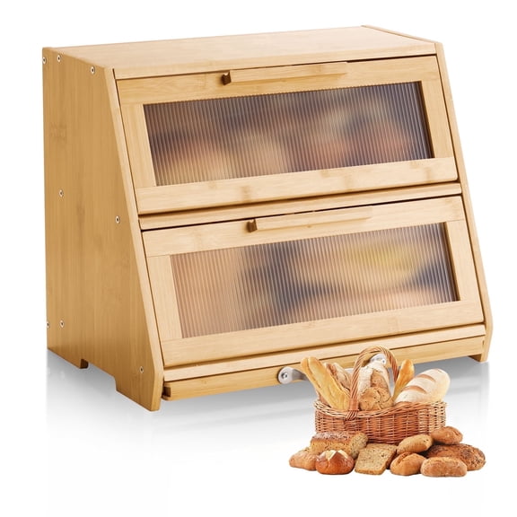 VEVOR Double Layer Bread Box for Kitchen Counter, Large Capacity Bamboo Bread Storage Container,Farmhouse Wooden Breadbox for Homemade Bread,Storage Holder Bin with Acrylic Wavy Door Panel,Natural