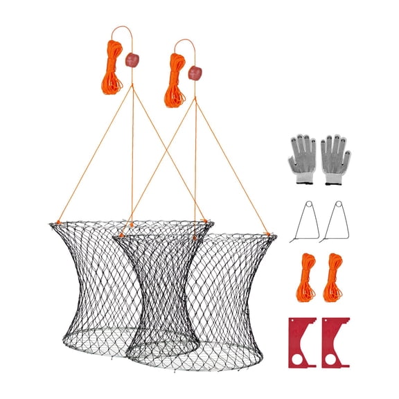 VEVOR Double Ring Crab Trap, 24 inch Top, 20 inch Bottom, Two Rings Crab Kit, Foldable Fishing Net with Gauge, 60 ft Rope, Wire Grid Bottom, Rock and Blue Crab, Dock & Pier Crabbing, 2 Set