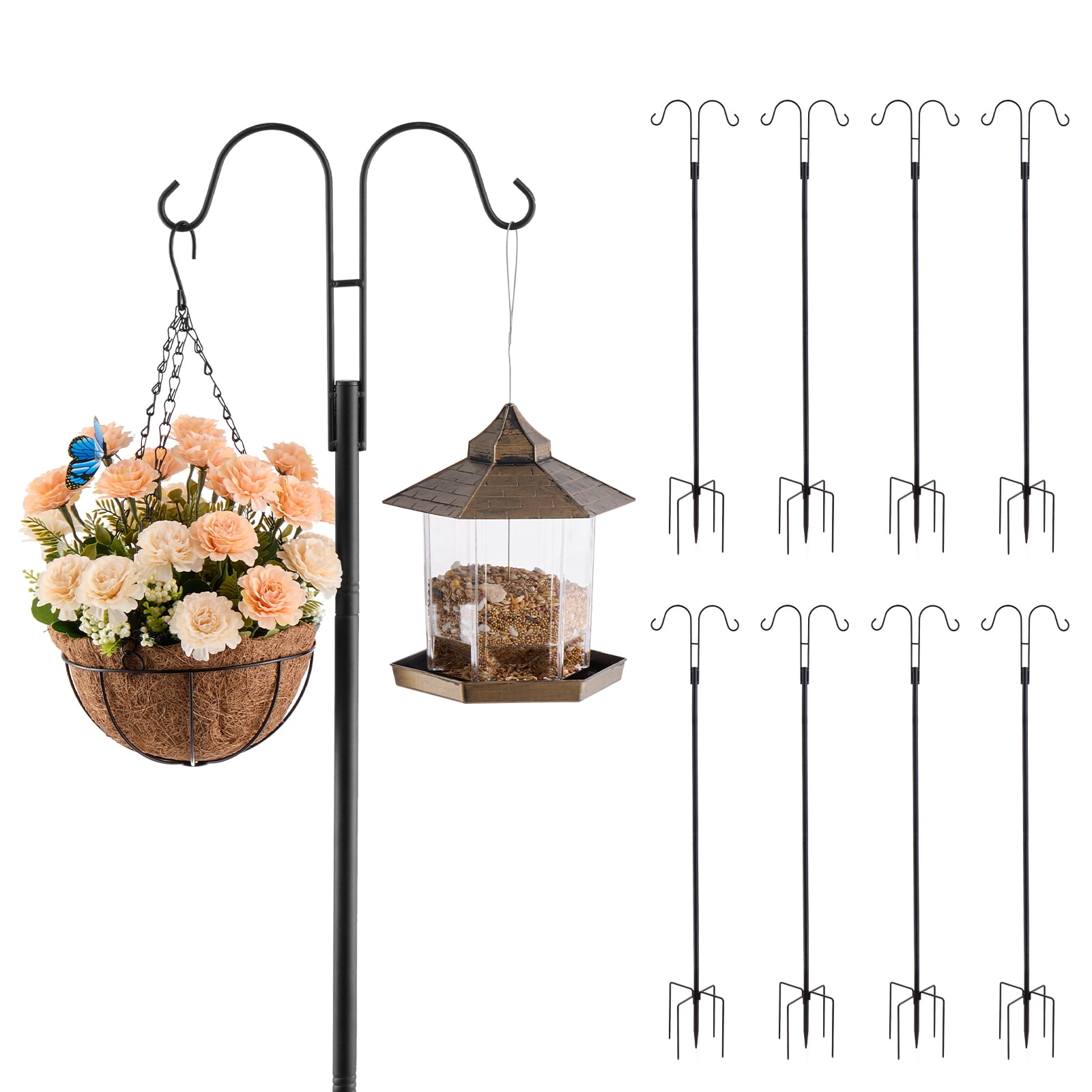 VEVOR Double Shepherds Hooks for Outdoor, 8 Pack 60 Inch Heavy Duty Bird Feeder Pole, 3/4 Inch Thick Garden Hooks for Hanging Hummingbird Feeder, Plant Baskets, Solar Light Lanterns,Wind Chimes