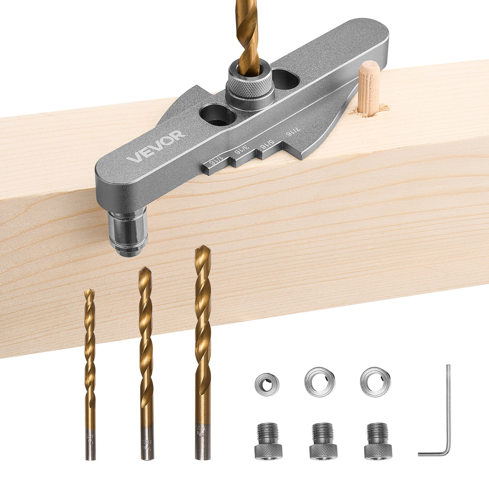VEVOR Doweling Jig Kit, Self Centering Dowel Drill Jig for Straight Holes, with Drill Bit Set 1/4", 5/16", 3/8" and Drill Bit Stop Collar Set, Aluminum Alloy Woodworking Tools for Drilling, Marking