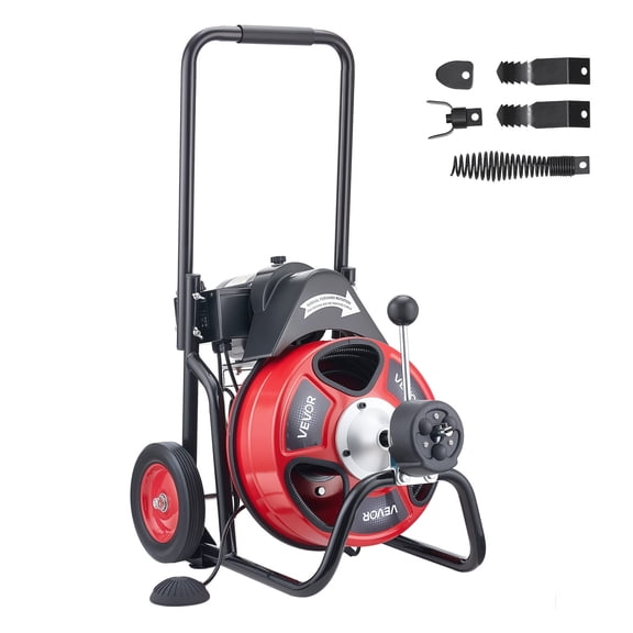 VEVOR Drain Cleaner Machine 100 FT x 1/2 Inch, Auto Feed Sewer Snake Auger on Wheels, Portable Drain Cleaning Machine with 4 Cutters & Air-activated Foot Switch for 2" to 6" Pipes