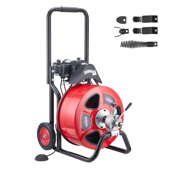 VEVOR Drain Cleaner Machine 100 FT x 3/4 Inch, Auto Feed Sewer Snake Auger on Wheels, Portable Drain Cleaning Machine with 4 Cutters & Air-activated Foot Switch for 4" to 8" Pipes
