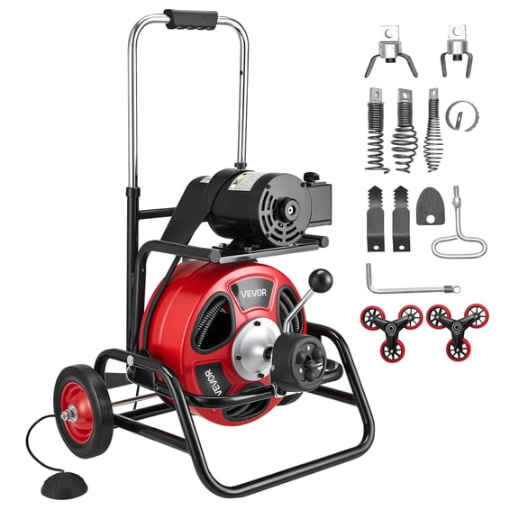 VEVOR Drain Cleaner Machine 100 FT x 3/8 Inch, Auto Feed Sewer Snake Auger, Portable Drain Cleaning Machine with Climbing Wheels, Adjustable Drum, 8 Cutters & Foot Switch for 2" to 4" Pipes