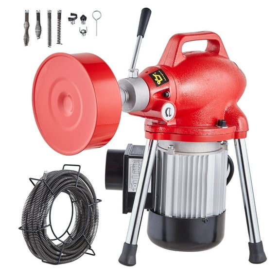 VEVOR Drain Cleaner Machine 66FT x 5/8 Inch, 250W Electric Sewer Snake Auger Manual Feed - with 2 Sectional Steel Cables(66' x 5/8" and 15' x 3/8"), 7 Cutters and CW/CCW Control for 1.6" to 4" Pipes
