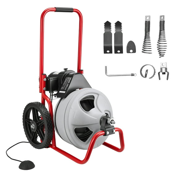 VEVOR Drain Cleaner Machine 75 FT x 3/8 Inch, Sewer Snake Auger Manual Feed on Wheels, Portable Drain Cleaning Machine with 6 Cutters & Air-activated Foot Switch for 2" to 4" Pipes