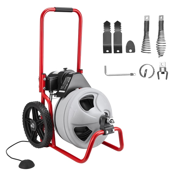 VEVOR Drain Cleaner Machine 75 FT x 3/8 Inch, Sewer Snake Auger Manual Feed on Wheels, Portable Drain Cleaning Machine with 6 Cutters & Air-activated Foot Switch for 2" to 4" Pipes
