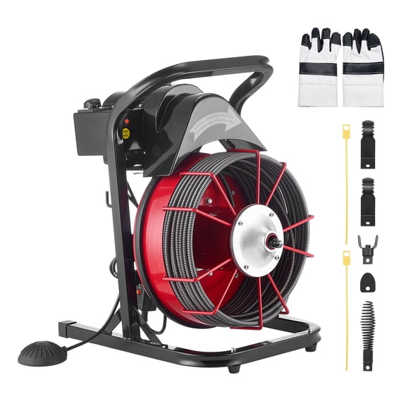 VEVOR Drain Cleaner Machine 75 FT x 3/8 Inch, Sewer Snake Auger Manual Feed with 4 Cutters & Air-activated Foot Switch for 2" to 4" Pipes