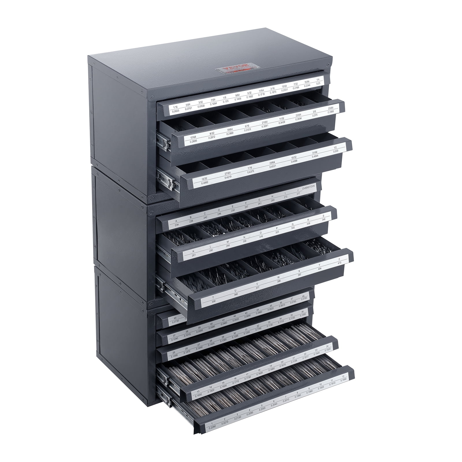 VEVOR Drill Bit Dispenser Cabinet, 3 Pieces Three-Drawer for 1/16" to 1/2" & Letter Sizes A to Z, Five-Drawer Drill Bit Organizer for Wire Gauge Sizes #1 to #60, Stackable for Drill Bit Storage