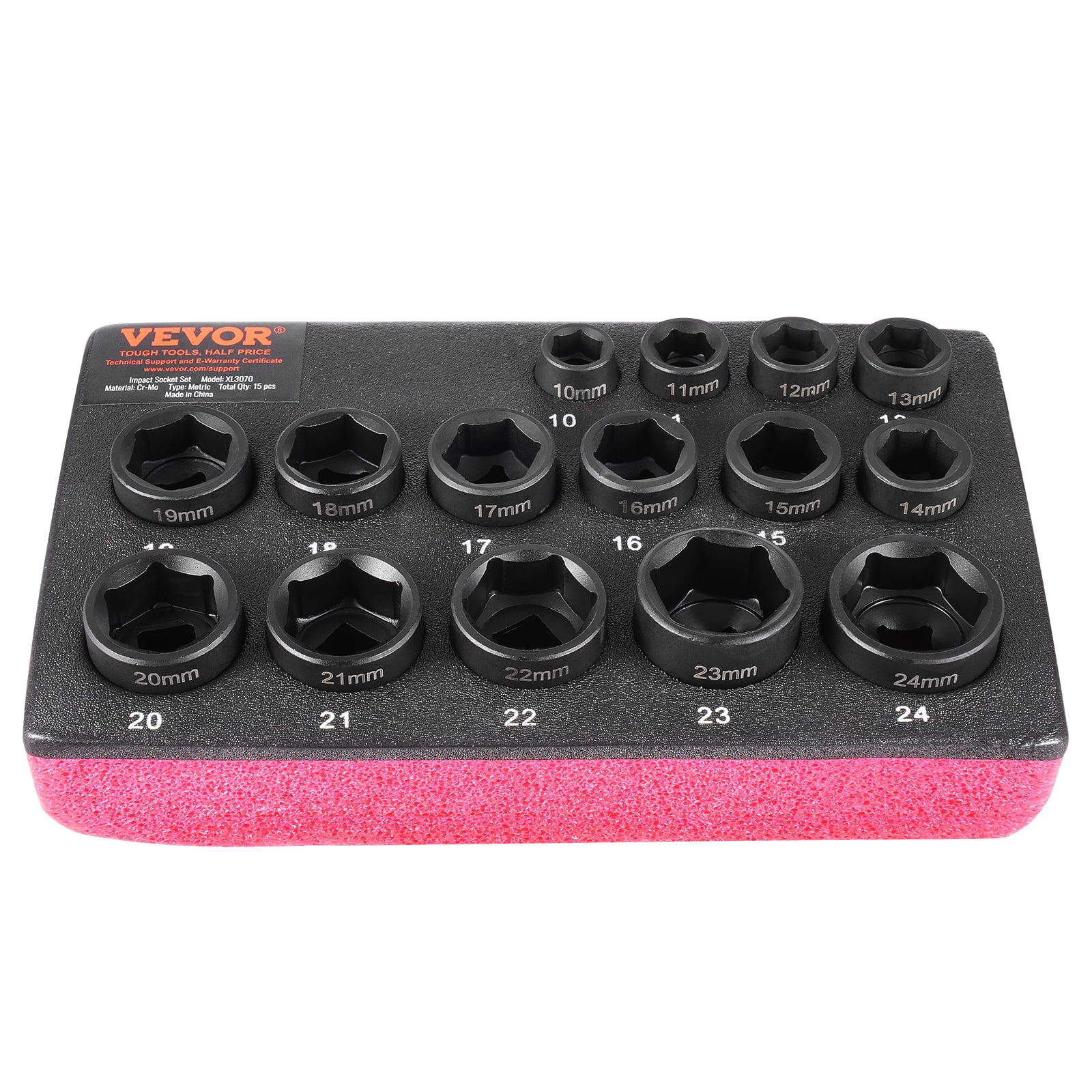 VEVOR Drive Impact Socket Set 3/8" - 15 Piece Ultra-Short Socket Set Metric 10-24mm - 6 Point Cr-Mo Alloy Steel for Auto Repair - Easy-to-Read Size Markings - Rugged Construction Socket Organizer