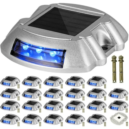 VEVOR Driveway Lights 24-Pack, Solar Driveway Lights with Switch Button, Solar Deck Lights Waterproof, Wireless Dock Lights 6 LEDs for Path Warning Garden Walkway Sidewalk Steps, LED Bright Blue