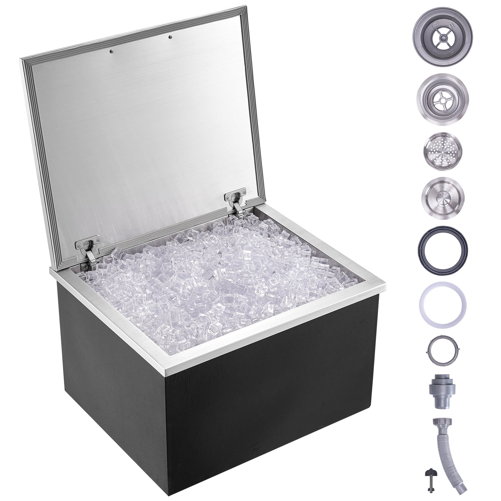 VEVOR Drop in Ice Bin Chest 28x18 inch Drop in Cooler Stainless Steel Outdoor Drop in Ice Chest with Cover Bar Ice Bin 87.2 QT Drop in Wine Drops Drain-pipe and Drain Plug Included for Cold Wine Beer